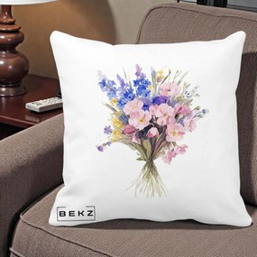Perna Decorativa Buchet Floral Acuarela Primavara, 40x40 cm, Alba Mata, Husa Detasabila, Perna Inclusa, BEKZ®