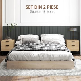 HOMCOM Set de 2 Noptiere cu 2 Sertare pentru Dormitor sau Camera de Zi, 40x40x50 cm, Lemn Natural | Aosom Romania