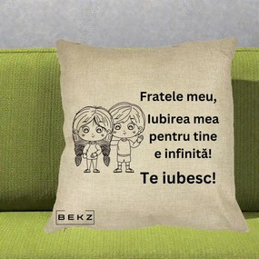Cadou pentru Frate - Perna Personalizata Fratele Meu Te Iubesc Copii Anime Line Art Negru, 40x40 cm, Crem, Husa Detasabila, Perna Inclusa, BEKZ®