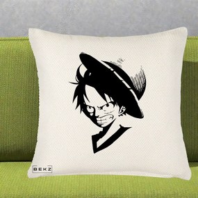 Perna Personalizata One Piece Luffy Silueta Alb-Negru, 40x40 cm, Crem Reliefat, Husa Detasabila, Perna Inclusa, BEKZ®