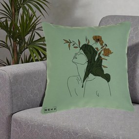 Perna Decorativa Portret Feminin Profil Flori Portocalii, 40x40 cm, Verde, Husa Detasabila, Perna Inclusa, BEKZ®