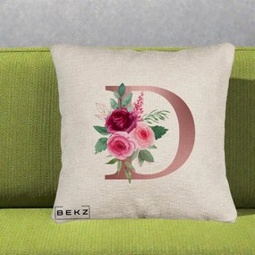 Cadou Personalizat - Perna Personalizata Monograma Rose Gold Litera D, 40x40 cm, Bej Canapea, Husa Detasabila, Perna Inclusa, BEKZ®