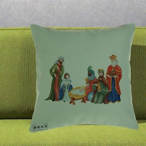 Perna Decorativa Nasterea Domnului Cei Trei Magi Acuarela, 40x40 cm, Verde, Husa Detasabila, Perna Inclusa, BEKZ®