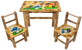 Masă din lemn pentru copii cu model Ștrumfi + 2 scaune