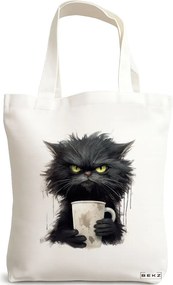 Sacosa de Panza pentru Cumparaturi, Geanta Tote, model Coffee Addict, 38x34.5 cm, Alba, BEKZ®