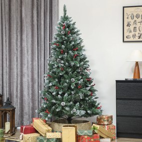 HOMCOM Brad de Crăciun Înalt Înzăpezit 180 cm cu 620 de Ramuri, Brad Artificial de Interior cu Conuri și Boabe Roșii Decorative, Bază din Metal, Verde | Aosom Romania