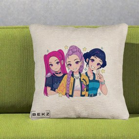 Perna Personalizata K-pop HUNTRX Trio Anime Stele, 40x40 cm, Bej Canapea, Husa Detasabila, Perna Inclusa, BEKZ®