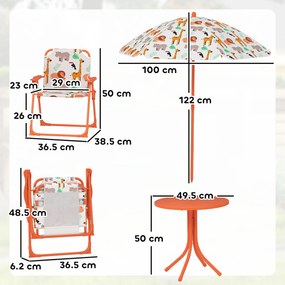 AIYAPLAY Set de Grădină pentru Copii, Masă și Scaune cu Umbrelă, Masă de Picnic pentru Exterior cu 2 Scaune Pliabile pentru Copii de 2-5 Ani, Portocaliu | Aosom Romania
