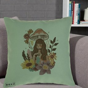 Perna Decorativa Fata Ciuperca Boho Florala, 40x40 cm, Verde, Husa Detasabila, Perna Inclusa, BEKZ®