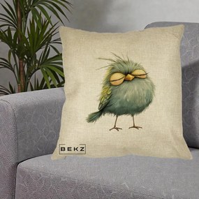 Perna Decorativa Pasare Teal Adormita cu Ochi Galbeni, 40x40 cm, Crem, Husa Detasabila, Perna Inclusa, BEKZ®