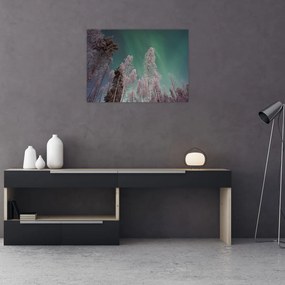 Tablou pe sticlă cu aurora borealis deasupra pomilor înghețați (70x50 cm)