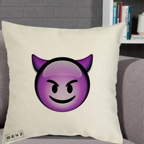 Perna Decorativa Emoji Diavol Mov, 40x40 cm, Ecru, Husa Detasabila, Perna Inclusa, BEKZ®