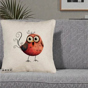 Perna Decorativa Pasare Rosie Exuberanta cu Spirale, 40x40 cm, Bej Canapea, Husa Detasabila, Perna Inclusa, BEKZ®
