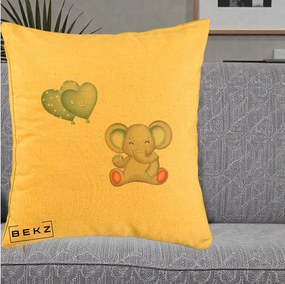 Perna Decorativa, Model Elefant si baloane in forma de inimioare, 40x40 cm, Galben, Husa Detasabila, Perna Inclusa, BEKZ®