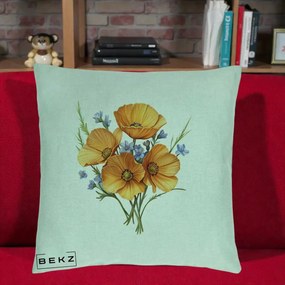 Perna Decorativa Maci Portocalii cu Floricele Albastre, 40x40 cm, Verde Menta, Husa Detasabila, Perna Inclusa, BEKZ®