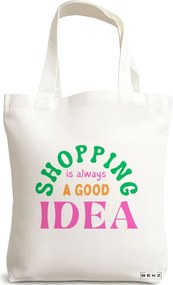 Sacosa de Panza pentru Cumparaturi, Geanta Tote, model Shopping is always a good idea, 38x34.5 cm, Alba, BEKZ®