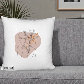 Perna Decorativa Femeie cu Flori Line Art Boho, 40x40 cm, Alb Pufos, Husa Detasabila, Perna Inclusa, BEKZ®