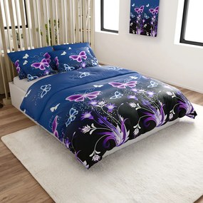Set 2 buc Lenjerie cocolino VIOLET BUTTERFLY albastru inchis + Cearsaf Cocolino microplus cu elastic SOFT 180x200 cm alb, pat dublu