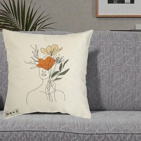 Perna Decorativa Portret Feminin Coroana Florala, 40x40 cm, Ecru, Husa Detasabila, Perna Inclusa, BEKZ®