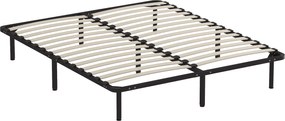 HOMCOM Pat Matrimonial Industrial cu 28 de Doghe și Spațiu de Depozitare, din Lemn și Oțel, 190x160x31 cm, Negru și Lemn | Aosom Romania