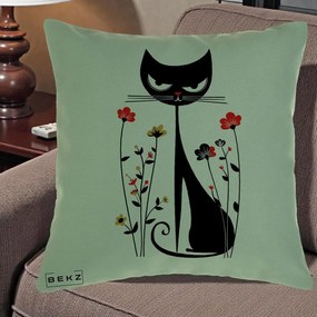Perna Decorativa Pisica Neagra Grafica Flori Rosii, 40x40 cm, Verde, Husa Detasabila, Perna Inclusa, BEKZ®