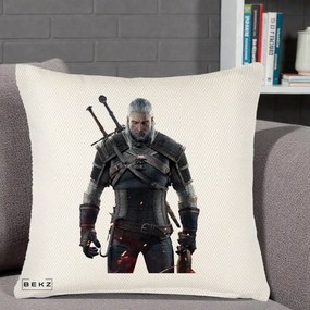 Perna Personalizata The Witcher Geralt of Rivia Portret, 40x40 cm, Crem Reliefat, Husa Detasabila, Perna Inclusa, BEKZ®