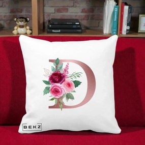 Cadou Personalizat - Perna Personalizata Monograma Rose Gold Litera D, 40x40 cm, Alba Mata, Husa Detasabila, Perna Inclusa, BEKZ®