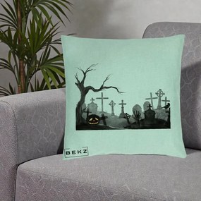 Perna Decorativa Halloween Cimitir Acuarela cu Dovleac, 40x40 cm, Verde Menta, Husa Detasabila, Perna Inclusa, BEKZ®