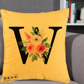 Cadou Personalizat - Perna Personalizata Monograma Florala Litera W cu Trandafiri si Anemona, 40x40 cm, Galben, Husa Detasabila, Perna Inclusa, BEKZ®