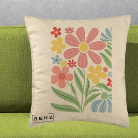 Perna Decorativa Flori Grafice Roz Pastel, 40x40 cm, Bej, Husa Detasabila, Perna Inclusa, BEKZ®