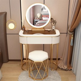 RESIGILAT Set Petra, Masă de toaletă pentru machiaj cu oglindă iluminată LED, control touch, sertar, taburet tapitat, ALB, 80x40x75 cm