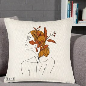 Perna Decorativa Portret Feminin Crin Ruginiu Auriu, 40x40 cm, Crem Reliefat, Husa Detasabila, Perna Inclusa, BEKZ®