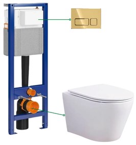 Set vas wc rimless suspendat, asimetric, cu capac softclose, Foglia Oslo, rezervor incastrat si clapeta aurie Cersanit Block