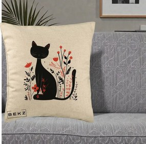 Perna Decorativa Pisica Neagra Flori Rosii Folk Minimal, 40x40 cm, Bej, Husa Detasabila, Perna Inclusa, BEKZ®