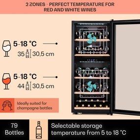 Klarstein Vinamour 66 Duo, frigider pentru vin, 2 zone, 204 l, 79 sticle, 5 - 18 °C, control tactil