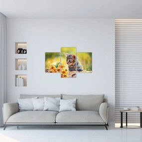 Tablou cu pisicuța uitându-se la floare (90x60 cm)