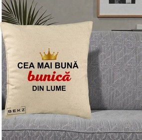 Cadou pentru Bunica - Perna Personalizata Cea Mai Buna Bunica Din Lume Coroana Aurie, 40x40 cm, Bej, Husa Detasabila, Perna Inclusa, BEKZ®