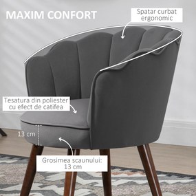 Fotoliu captusit HOMCOM cu spatar tip scoica si picioare din lemn, 66x66x78.5cm, Gri inchis | Aosom Romania