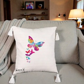 Perna Decorativa Fluturi Splash, 40x40 cm, Bej cu Franjuri, Husa Detasabila, Perna Inclusa, BEKZ®