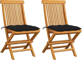 vidaXL Scaune de grădină cu perne, 2 buc., negru, lemn masiv tec