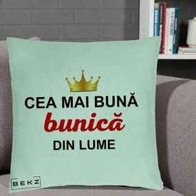 Cadou pentru Bunica - Perna Personalizata Cea Mai Buna Bunica Din Lume Coroana Aurie, 40x40 cm, Verde Menta, Husa Detasabila, Perna Inclusa, BEKZ®