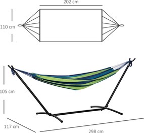 Outsunny Hamac de Grădină Suspendat 310x117 cm cu Înălțime Reglabilă și Suport, Capacitate 120 kg, Hamac Independent cu Geantă de Transport, pentru Camping, Grădină, Balcon, Patio, Verde și Albastru | Aosom Romania