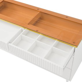 Comodă cu 6 sertare și sticlă chihlimbar, dulap înalt pentru dormitor și living, 120x40x76 cm, Alb