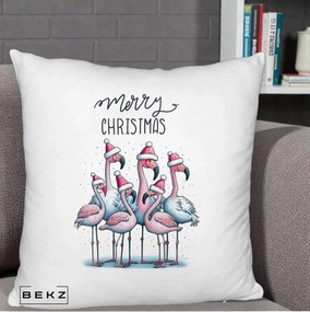 Perna Decorativa Flamingo Merry Christmas, 40x40 cm, Alb Pufos, Husa Detasabila, Perna Inclusa, BEKZ®