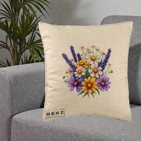 Perna Decorativa Lavanda Musetel si Flori Mov, 40x40 cm, Bej, Husa Detasabila, Perna Inclusa, BEKZ®