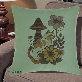 Perna Decorativa Pisica Vintage Florala Boho, 40x40 cm, Verde, Husa Detasabila, Perna Inclusa, BEKZ®