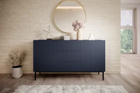 Comodă Nicole 150 cm cu trei sertare - MDF albastru închis / picioare negre