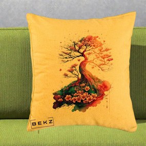 Perna Decorativa Copac Sakura Acuarela Fantasy, 40x40 cm, Galben, Husa Detasabila, Perna Inclusa, BEKZ®