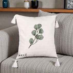 Perna Decorativa Ramura Eucalipt Acuarela, 40x40 cm, Bej cu Franjuri, Husa Detasabila, Perna Inclusa, BEKZ®