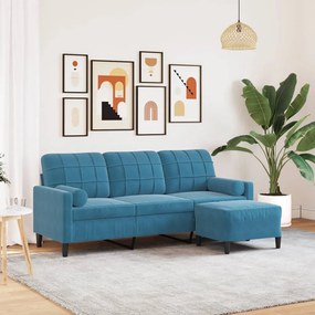 vidaXL Canapea cu 3 locuri și taburet, albastru, 180 cm, catifea